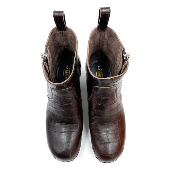 Swedish Hasbeens Zip It Emy Boots Croc Leather Dark Brown Platform Sz 37 / 7 - Picture 3 of 10